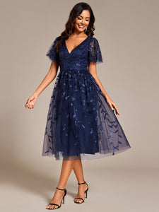 Color=Navy Blue | Exquisite Midi Length Ruffles Sleeve Tulle Sequin Dresses with Embroidery-Navy Blue 16