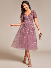 Load image into Gallery viewer, Color=Orchid | Exquisite Midi Length Ruffles Sleeve Tulle Sequin Dresses with Embroidery-Orchid 21