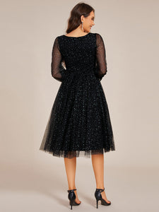 Color=Black | Exquisite See-Through Lantern Long Sleeve Midi Length Sequin Tulle Wedding Guest Dresses-Black 2