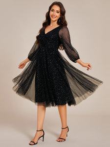 Color=Black | Exquisite See-Through Lantern Long Sleeve Midi Length Sequin Tulle Wedding Guest Dresses-Black 3