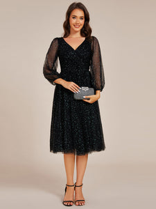 Color=Black | Exquisite See-Through Lantern Long Sleeve Midi Length Sequin Tulle Wedding Guest Dresses-Black 4