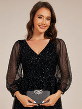 Load image into Gallery viewer, Color=Black | Exquisite See-Through Lantern Long Sleeve Midi Length Sequin Tulle Wedding Guest Dresses-Black 5