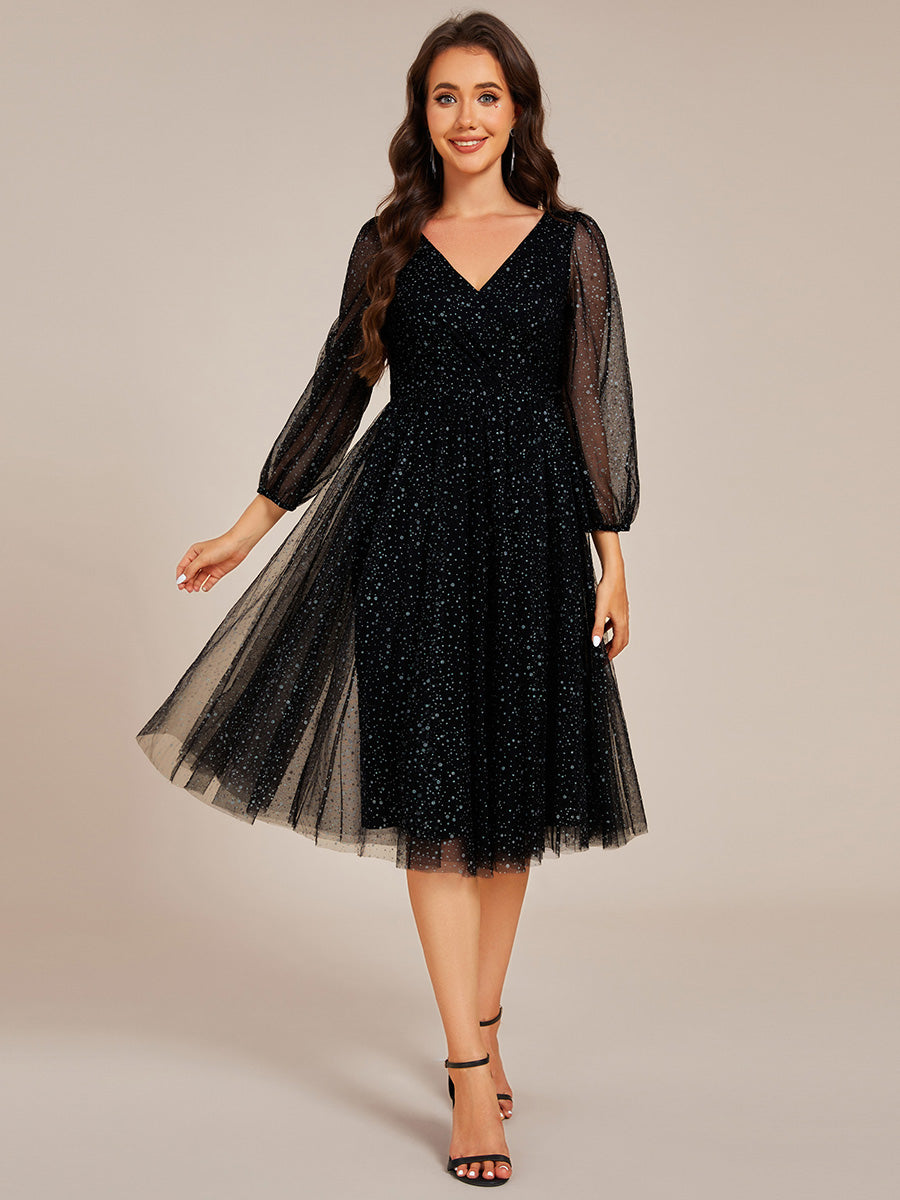 Color=Black | Exquisite See-Through Lantern Long Sleeve Midi Length Sequin Tulle Wedding Guest Dresses-Black 1