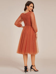 Color=Burnt Orange | Exquisite See-Through Lantern Long Sleeve Midi Length Sequin Tulle Wedding Guest Dresses-Burnt Orange 7