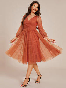 Color=Burnt Orange | Exquisite See-Through Lantern Long Sleeve Midi Length Sequin Tulle Wedding Guest Dresses-Burnt Orange 8