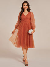 Load image into Gallery viewer, Color=Burnt Orange | Exquisite See-Through Lantern Long Sleeve Midi Length Sequin Tulle Wedding Guest Dresses-Burnt Orange 9