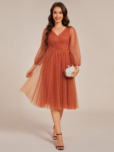 Color=Burnt Orange | Exquisite See-Through Lantern Long Sleeve Midi Length Sequin Tulle Wedding Guest Dresses-Burnt Orange 9