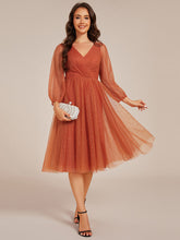 Load image into Gallery viewer, Color=Burnt Orange | Exquisite See-Through Lantern Long Sleeve Midi Length Sequin Tulle Wedding Guest Dresses-Burnt Orange 6