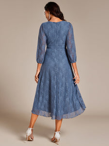 Color=Dusty Navy | Exquisite Long Lantern Sleeves Regular Fold Stream Lotus Leaf Hem Wedding Guest Dresses with Jacquard Decoration-Dusty Navy 7