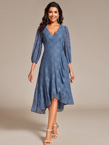 Color=Dusty Navy | Exquisite Long Lantern Sleeves Regular Fold Stream Lotus Leaf Hem Wedding Guest Dresses with Jacquard Decoration-Dusty Navy 9