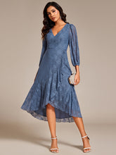 Load image into Gallery viewer, Color=Dusty Blue | Exquisite Long Lantern Sleeves Regular Fold Stream Lotus Leaf Hem Wedding Guest Dresses with Jacquard Decoration-Dusty Blue 6