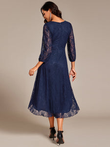 Color=Navy Blue | Exquisite Long Lantern Sleeves Regular Fold Stream Lotus Leaf Hem Wedding Guest Dresses with Jacquard Decoration-Navy Blue 12