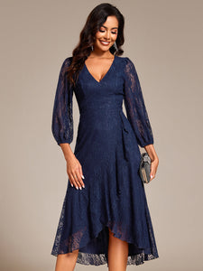 Color=Navy Blue | Exquisite Long Lantern Sleeves Regular Fold Stream Lotus Leaf Hem Wedding Guest Dresses with Jacquard Decoration-Navy Blue 13