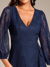 Load image into Gallery viewer, Color=Navy Blue | Exquisite Long Lantern Sleeves Regular Fold Stream Lotus Leaf Hem Wedding Guest Dresses with Jacquard Decoration-Navy Blue 15