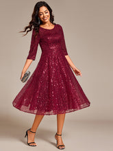 Load image into Gallery viewer, Color=Burgundy | Elegant Round Neck 3/4 Puff Sleeve Bodycon Sequin Evening Dresses with Paillette-Burgundy 3