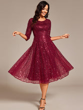 Load image into Gallery viewer, Color=Burgundy | Elegant Round Neck 3/4 Puff Sleeve Bodycon Sequin Evening Dresses with Paillette-Burgundy 4