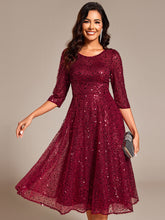 Load image into Gallery viewer, Color=Burgundy | Elegant Round Neck 3/4 Puff Sleeve Bodycon Sequin Evening Dresses with Paillette-Burgundy 1