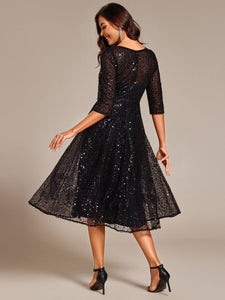 Color=Black | Elegant Round Neck 3/4 Puff Sleeve Bodycon Sequin Evening Dresses with Paillette-Black 7