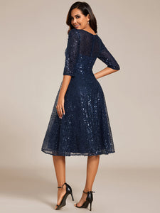 Color=Navy Blue | Elegant Round Neck 3/4 Puff Sleeve Bodycon Sequin Evening Dresses with Paillette-Navy Blue 12