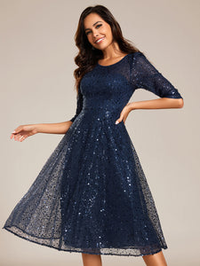 Color=Navy Blue | Elegant Round Neck 3/4 Puff Sleeve Bodycon Sequin Evening Dresses with Paillette-Navy Blue 13