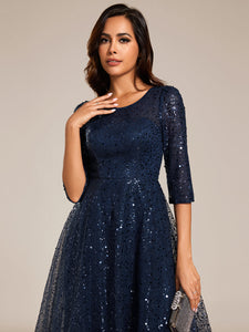 Color=Navy Blue | Elegant Round Neck 3/4 Puff Sleeve Bodycon Sequin Evening Dresses with Paillette-Navy Blue 15