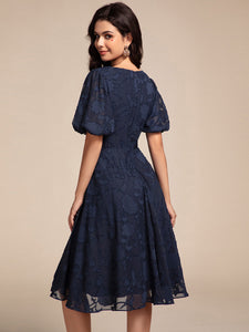 Color=Navy Blue | Exquisite Young Fashion puffy sleeveA-line Jacquard Chiffon Dresses with Lining-Navy Blue 2