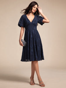 Color=Navy Blue | Exquisite Young Fashion puffy sleeveA-line Jacquard Chiffon Dresses with Lining-Navy Blue 3