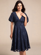 Load image into Gallery viewer, Color=Navy Blue | Exquisite Young Fashion puffy sleeveA-line Jacquard Chiffon Dresses with Lining-Navy Blue 4