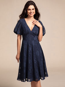 Color=Navy Blue | Exquisite Young Fashion puffy sleeveA-line Jacquard Chiffon Dresses with Lining-Navy Blue 4