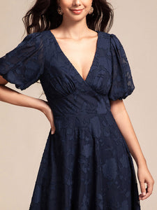 Color=Navy Blue | Exquisite Young Fashion puffy sleeveA-line Jacquard Chiffon Dresses with Lining-Navy Blue 5