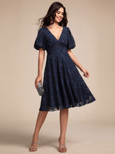 Load image into Gallery viewer, Color=Navy Blue | Exquisite Young Fashion puffy sleeveA-line Jacquard Chiffon Dresses with Lining-Navy Blue 1