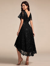 Load image into Gallery viewer, Color=Black | Exquisite Embroidery Decoration Short See-through Ruffles Sleeve Lace Wedding Guest Dresses with Asymmetrical Hem-Black 2