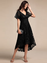 Load image into Gallery viewer, Color=Black | Exquisite Embroidery Decoration Short See-through Ruffles Sleeve Lace Wedding Guest Dresses with Asymmetrical Hem-Black 3