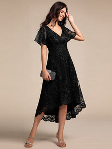 Color=Black | Exquisite Embroidery Decoration Short See-through Ruffles Sleeve Lace Wedding Guest Dresses with Asymmetrical Hem-Black 3