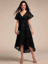 Load image into Gallery viewer, Color=Black | Exquisite Embroidery Decoration Short See-through Ruffles Sleeve Lace Wedding Guest Dresses with Asymmetrical Hem-Black 4