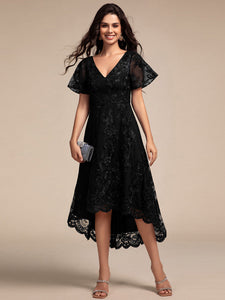 Color=Black | Exquisite Embroidery Decoration Short See-through Ruffles Sleeve Lace Wedding Guest Dresses with Asymmetrical Hem-Black 4