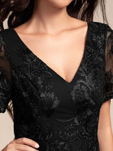 Load image into Gallery viewer, Color=Black | Exquisite Embroidery Decoration Short See-through Ruffles Sleeve Lace Wedding Guest Dresses with Asymmetrical Hem-Black 5