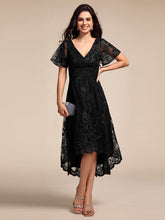 Load image into Gallery viewer, Color=Black | Exquisite Embroidery Decoration Short See-through Ruffles Sleeve Lace Wedding Guest Dresses with Asymmetrical Hem-Black 1