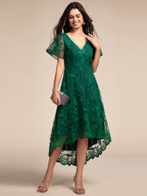 Load image into Gallery viewer, Color=Dark Green | Exquisite Embroidery Decoration Short See-through Ruffles Sleeve Lace Wedding Guest Dresses with Asymmetrical Hem-Dark Green 8