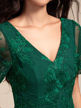 Load image into Gallery viewer, Color=Dark Green | Exquisite Embroidery Decoration Short See-through Ruffles Sleeve Lace Wedding Guest Dresses with Asymmetrical Hem-Dark Green 10