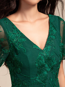 Color=Dark Green | Exquisite Embroidery Decoration Short See-through Ruffles Sleeve Lace Wedding Guest Dresses with Asymmetrical Hem-Dark Green 10