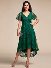 Load image into Gallery viewer, Color=Dark Green | Exquisite Embroidery Decoration Short See-through Ruffles Sleeve Lace Wedding Guest Dresses with Asymmetrical Hem-Dark Green 6