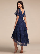 Load image into Gallery viewer, Color=Navy Blue | Exquisite Embroidery Decoration Short See-through Ruffles Sleeve Lace Wedding Guest Dresses with Asymmetrical Hem-Navy Blue 12