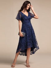 Load image into Gallery viewer, Color=Navy Blue | Exquisite Embroidery Decoration Short See-through Ruffles Sleeve Lace Wedding Guest Dresses with Asymmetrical Hem-Navy Blue 13