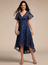 Load image into Gallery viewer, Color=Navy Blue | Exquisite Embroidery Decoration Short See-through Ruffles Sleeve Lace Wedding Guest Dresses with Asymmetrical Hem-Navy Blue 14