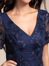 Load image into Gallery viewer, Color=Navy Blue | Exquisite Embroidery Decoration Short See-through Ruffles Sleeve Lace Wedding Guest Dresses with Asymmetrical Hem-Navy Blue 15