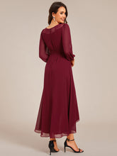 Load image into Gallery viewer, Color=Burgundy | Elegant Round Neck Smocking Midi Length Chiffon Wedding Guest Dresses with Asymmetrical Hem-Burgundy 2