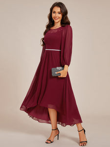 Color=Burgundy | Elegant Round Neck Smocking Midi Length Chiffon Wedding Guest Dresses with Asymmetrical Hem-Burgundy 3