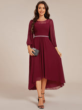 Load image into Gallery viewer, Color=Burgundy | Elegant Round Neck Smocking Midi Length Chiffon Wedding Guest Dresses with Asymmetrical Hem-Burgundy 4