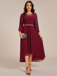 Color=Burgundy | Elegant Round Neck Smocking Midi Length Chiffon Wedding Guest Dresses with Asymmetrical Hem-Burgundy 4